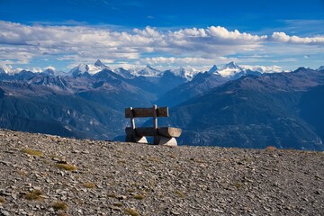 Hiking above Crans Montana with beautiful views of the Valais. Swiss Alps. Wanderlust in autumn. High quality photo.