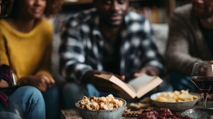 A diverse group of friends gathers indoors for a relaxed book club meeting enjoying snacks and wine