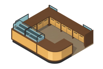 Isometric illustration of a modern serving counter with glass display case, cabinets, and a rounded corner, ideal for cafes or bakeries. background removed