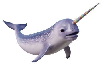A whimsical cartoon narwhal features a vibrant rainbow horn, purple-blue speckled body, and a friendly, smiling expression. background removed