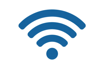 This image features a vibrant blue WiFi symbol, indicating strong wireless signal strength, set against a dark, solid transparent background. background removed