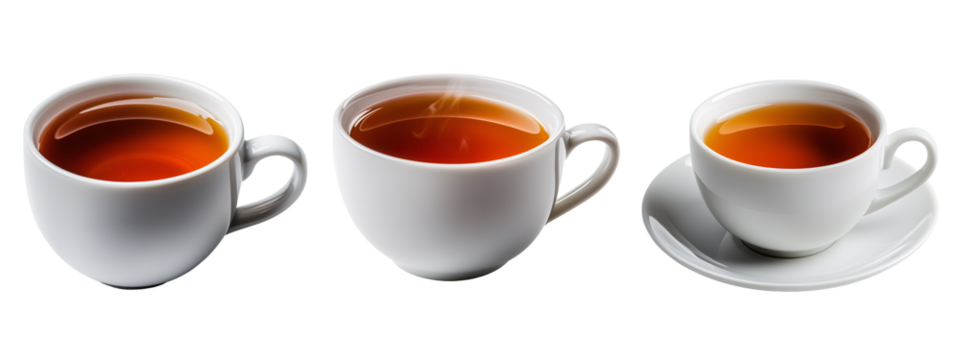 A close-up of a glass cup of herbal black tea with floating chamomile and mind isolated on transparent background	