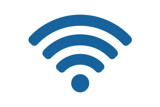 This image features a vibrant blue WiFi symbol, indicating strong wireless signal strength, set against a dark, solid transparent background. background removed - Powered by Adobe