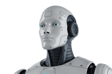 A sleek, futuristic white robot with glowing blue eyes and intricate metallic details on its head and upper body, embodying artificial intelligence. background removed