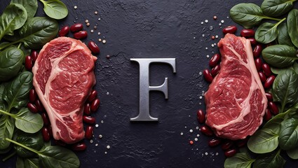 a still life composition featuring raw ribeye steaks framed by vibrant green spinach leaves and scattered red peppercorns with a metallic letter "f" centered between them on a dark textured surface.