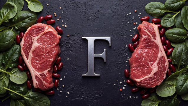 a still life composition featuring raw ribeye steaks framed by vibrant green spinach leaves and scattered red peppercorns with a metallic letter "f" centered between them on a dark textured surface.