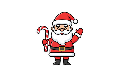 Cartoon Santa Claus holding a candy cane and waving.