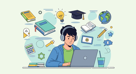 Illustration of a student studying with a laptop and surrounded by educational icons.