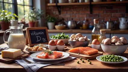 a nutritious spread of vitamin d rich foods including salmon, eggs, mushrooms, cheese, and milk is displayed on a rustic wooden table in a warmly lit kitchen.