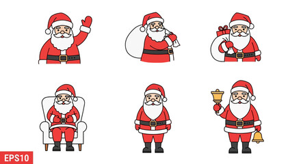 Santa Claus illustrations in various poses, including waving, carrying a sack, and ringing a bell.