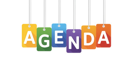 Colorful hanging tags spelling the word agenda isolated on transparent background