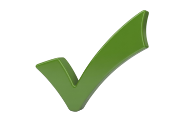 A glossy, 3D rendered green checkmark symbol, signifying approval, completion, or correctness, isolated on a neutral background for versatile use. background removed