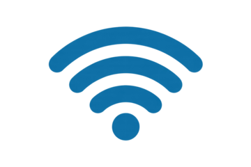 A blue WiFi symbol depicts strong wireless signal strength on a solid dark transparent background. It represents connectivity, internet, and modern technology. background removed