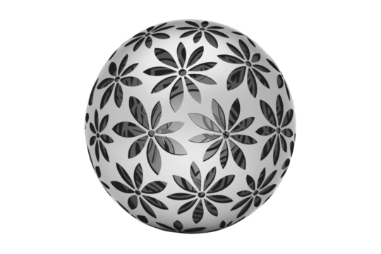A decorative white sphere with intricate black floral cutouts, showcasing a textured, striped pattern underneath, isolated on green. background removed