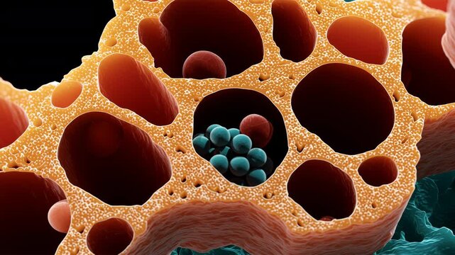 Porous bone tissue cross section microscopic anatomy. porous trabecular spongy microscopic view porous orange foam sponge structure with honeycomb