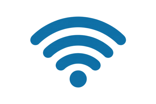 A blue WiFi symbol depicts strong wireless signal strength on a solid dark transparent background. It represents connectivity, internet, and modern technology. background removed