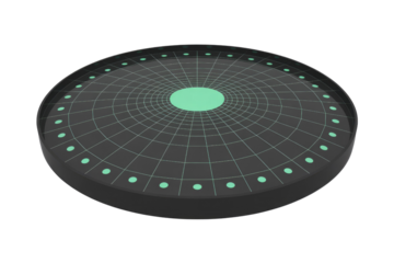 A futuristic dark gray circular disc featuring a glowing mint green radial grid, central circle, and perimeter dots, against a solid transparent background. background removed