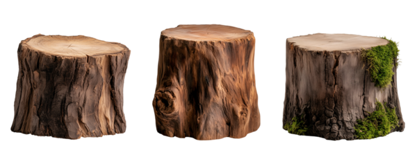 set of cross section of tree trunk, top view of a thick tree slice trunk with irregular edges and visible knots isolated on a transparent background	