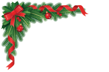 A festive Christmas corner border featuring green fir branches, red ribbon, holly berries, and snowflake-adorned baubles. background removed