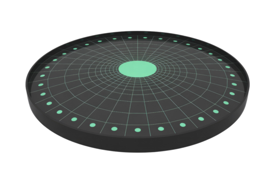 A futuristic dark gray circular disc featuring a glowing mint green radial grid, central circle, and perimeter dots, against a solid transparent background. background removed