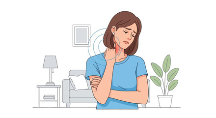 Young woman experiencing sudden, acute throat pain, a symptom of illness or infection, in a quiet home setting