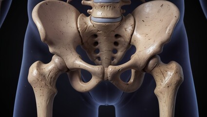 a detailed anatomical rendering showcases the human pelvic girdle and femur bones against a dark background with a translucent overlay of surrounding tissue.