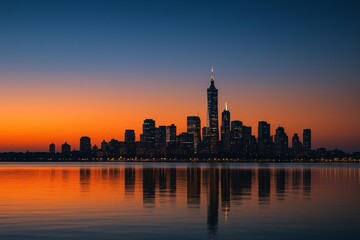 Obraz premium Stunning City Skyline Silhouette at Sunset Reflecting on Water