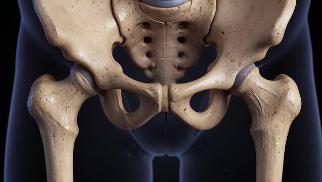 a detailed anatomical rendering showcases the human pelvic girdle with femurs against a dark background.