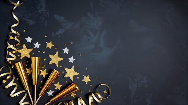 Celebration confetti streamers and party poppers on a dark surface festive event background