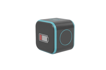 A dark gray cube with blue accents displaying a low battery indicator and abstract icons. Modern tech design against a solid transparent background. background removed