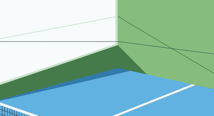 A vibrant blue tennis court illustration with crisp white lines.