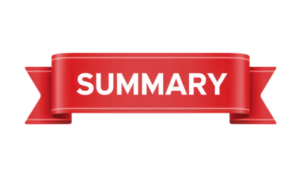 Glossy red ribbon banner with the word summary displayed clearly isolated on transparent background