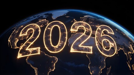 Future year 2026 digital globe with illuminated numbers represents global connectivity