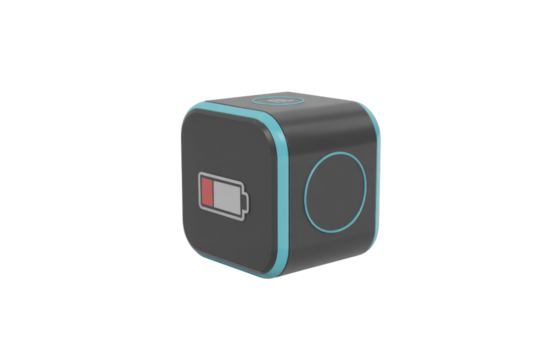 A dark gray cube with blue accents displaying a low battery indicator and abstract icons. Modern tech design against a solid transparent background. background removed