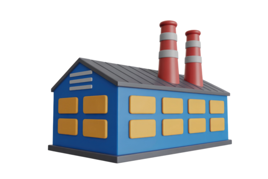 Cute 3D factory illustration: blue building, gray roof, yellow windows, and two prominent red chimneys. background removed