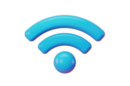 A vibrant 3D blue Wi-Fi signal icon, glossy and volumetric, symbolizing wireless connectivity and internet access. Modern digital communication concept. background removed