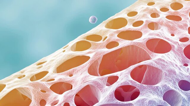 Porous bone structure with colorful gradient and microscopic texture conveying fragile skeletal tissue and cellular detail porous bone structure with