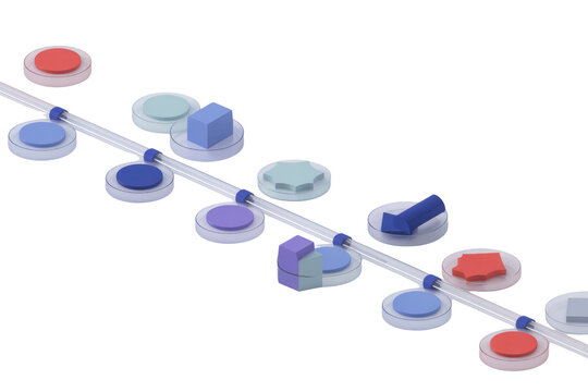 A 3D render depicting a clear pipeline with various colorful geometric shapes and platforms, illustrating a process or data flow. background removed