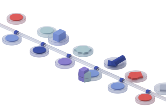A 3D render depicting a clear pipeline with various colorful geometric shapes and platforms, illustrating a process or data flow. background removed