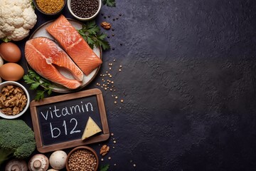 a flat lay of vitamin b12 rich foods including salmon, eggs, nuts, and vegetables on a dark stone surface with ample copy space.