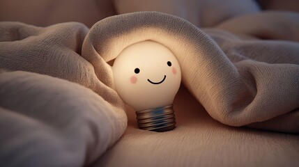 Conceptual image of a light bulb tucked into bed, symbolizing a resting idea or creative pause