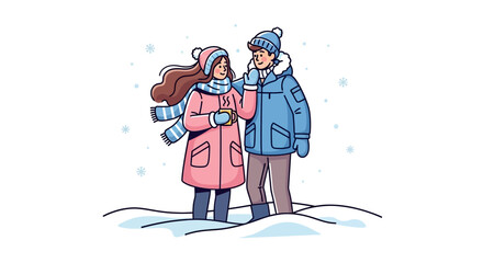 A cute cartoon couple in love, dressed in warm winter clothing, enjoying a snowy day together with a hot drink
