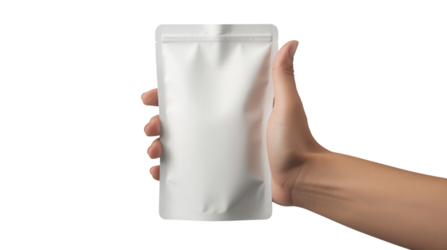 Hand holding a blank white stand up pouch with zipper closure isolated on transparent background