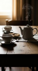 Cozy Steaming Teatime with Biscuits on a Rustic Wooden Table