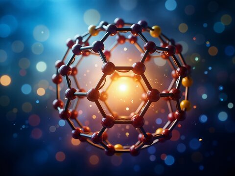 a vibrant rendering of a buckminsterfullerene molecule, also known as a fullerene or "buckyball," glows against a blurred, colorful background, showcasing its complex carbon structure.
