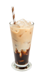 latte, coffee, water, milk syrup, ice, drink, refreshing, cold, glass, straw, sugar syrup, isolated