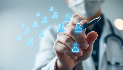 Doctor interacting with a digital network of patient icons and a stylus medical healthcare