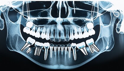 a panoramic x ray with dental implants in the lower jaw is displayed in the copy space image