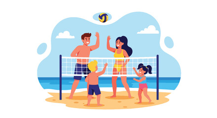 Adobe illustrator artwork vector illustration. A happy family plays volleyball on the beach under a sunny sky, depicting summer fun, teamwork, and active outdoor leisure.