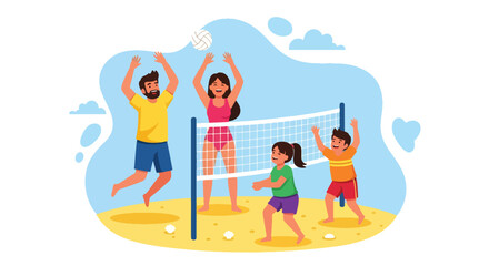 Adobe illustrator artwork vector illustration. A happy family plays volleyball on the beach under a sunny sky, depicting summer fun, teamwork, and active outdoor leisure.